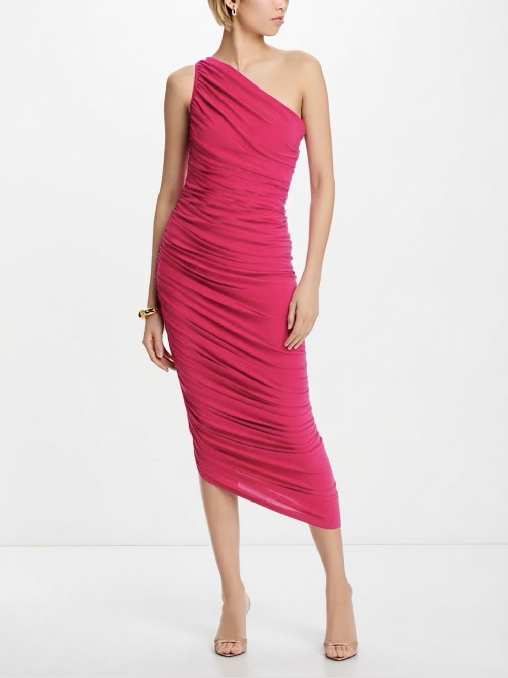 Norma Kamali Diana S 36 Pink One Shoulder Ruched Bodycon Midi Dress